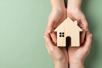 als Symbol für Schutz halten 4 Hände ein Haus aus Holz