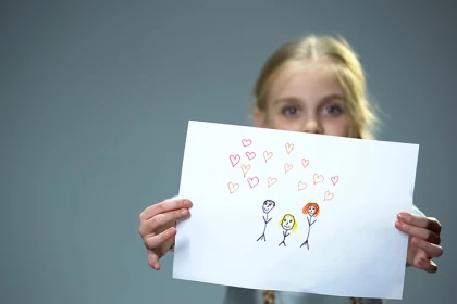 Picture shows a girl holding a drawing in her hands.