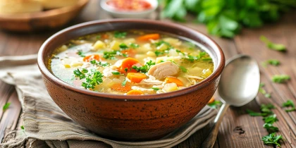 A bowl of soup is on a table.